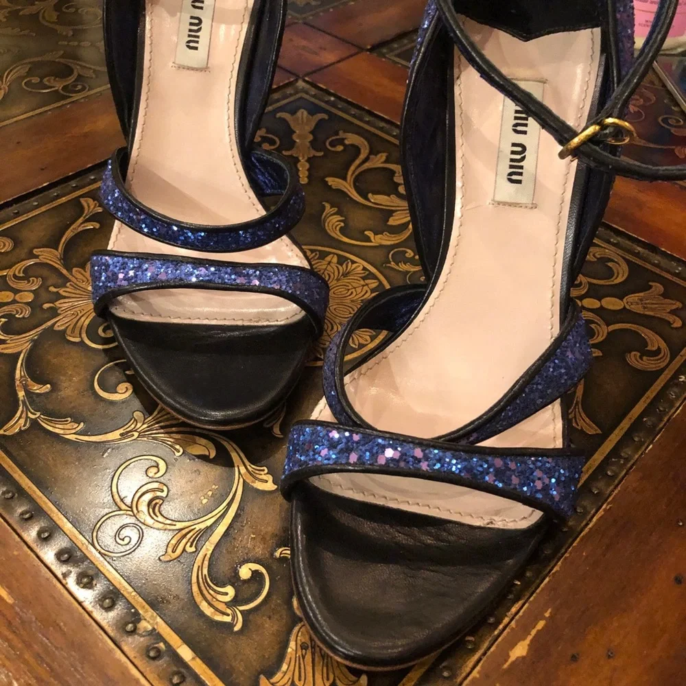 Virtually new Miu Miu strappy sandals in glittered blue